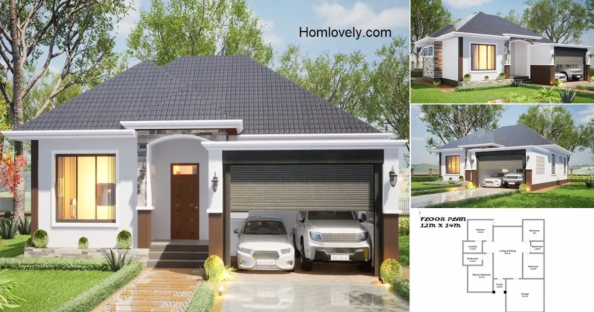 12x14M Bungalow House Design 2-Car Garage With Floor Plan ~ » HouseDesigns